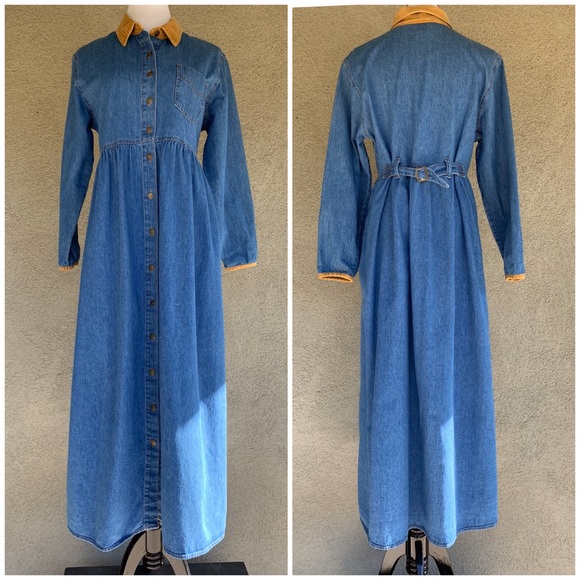 “Studio Ease” Denim Dress Corduroy Collar Modest - Picture 2 of 8